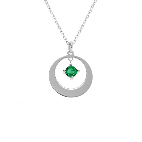 COLLIER ARGENT RHODIÉ PENDENTIF CERCLE OXYDE VERT 40+5CM 654z-2155