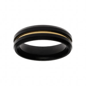 Bague 6 mm en acier PVD noir et filet jaune 810-740