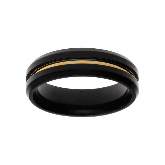 Bague 6 mm en acier PVD noir et filet jaune 810-740