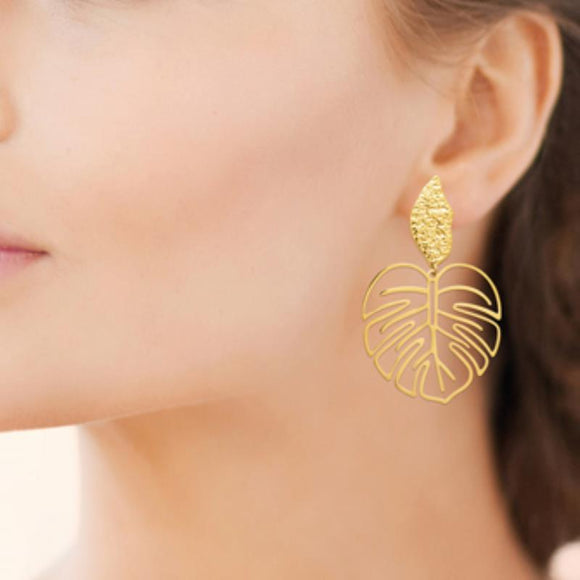 Boucles d'oreilles feuilles de palmier en acier doré 880j1206