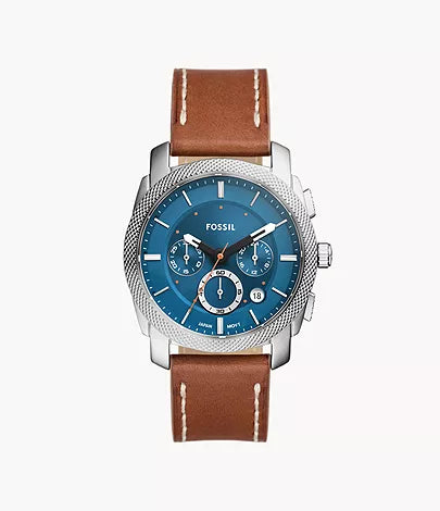 Machine chronographe cadran bleu et cuir brun