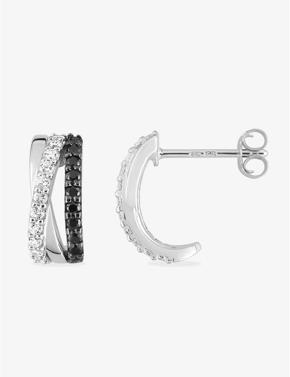 Boucles demi-créoles en argent zirconiums blancs et noirs 680-1322