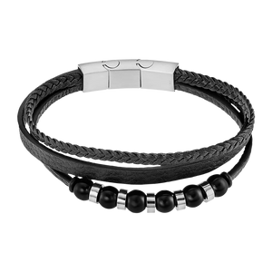Bracelet cuir noir et acier 840-3735