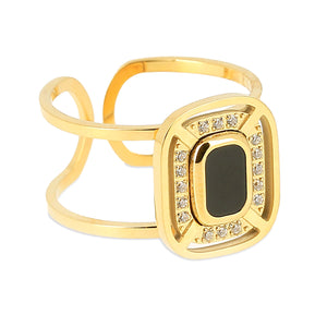 Bague ZAG Large en acier doré avec onyx 810J378