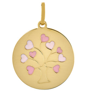 Médaille ronde arbre de vie en or jaune 18ct avec coeurs en laque rose 369-271