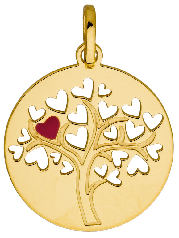 Médaille ronde arbre de vie en or jaune 9ct coeurs ajourés et laque rouge 460-130