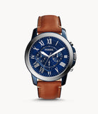 Chrono Grant bleu sur cuir Cognac